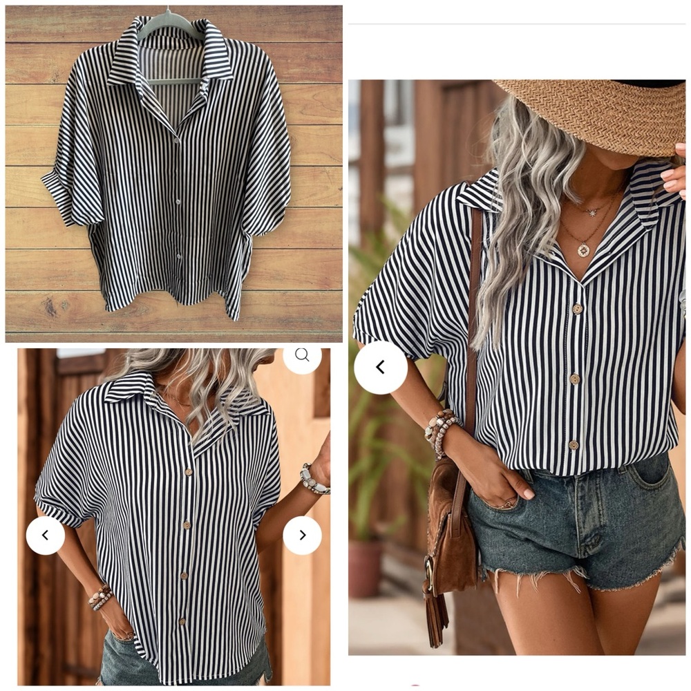 Cupshe black and white striped button down shirt, medium